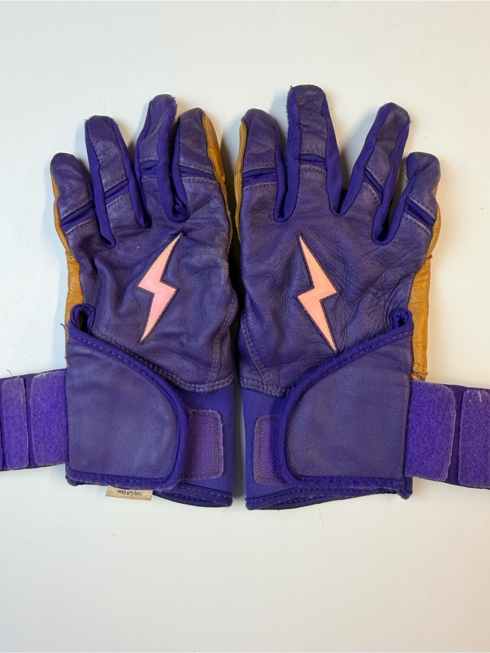 Bruce Bolt Purple and Tan Leather Gloves w/ Wrist Strap & Pink Bolt Mens Small